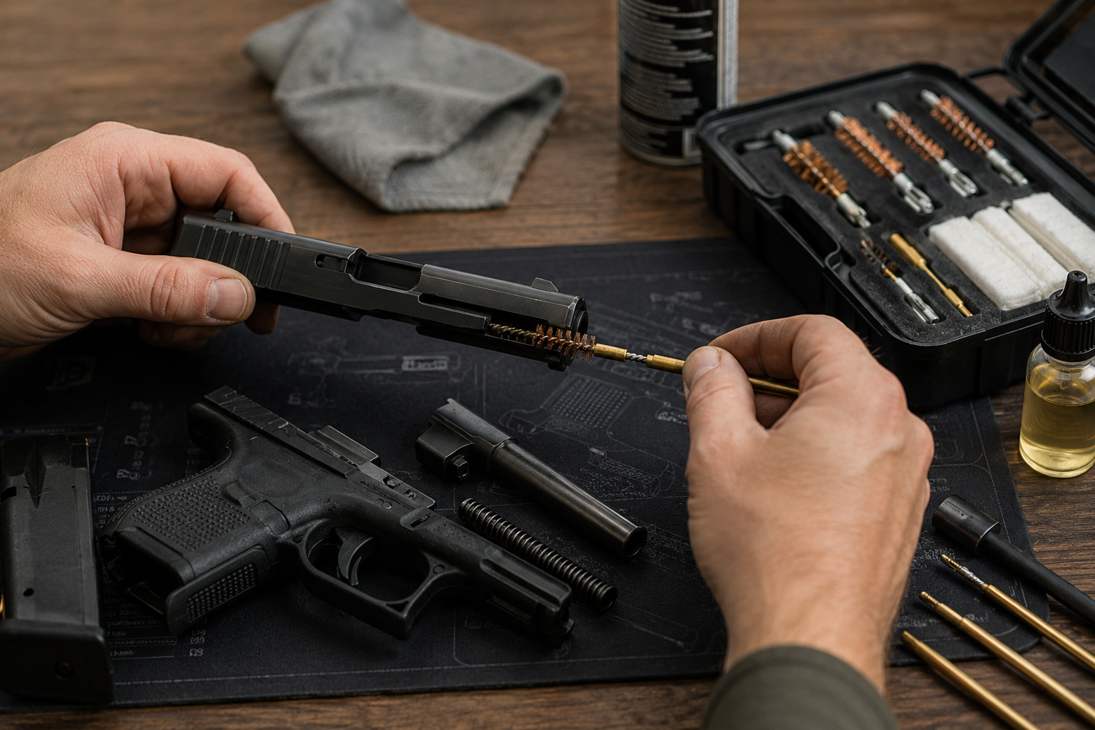 Hands cleaning firearm parts and tools
