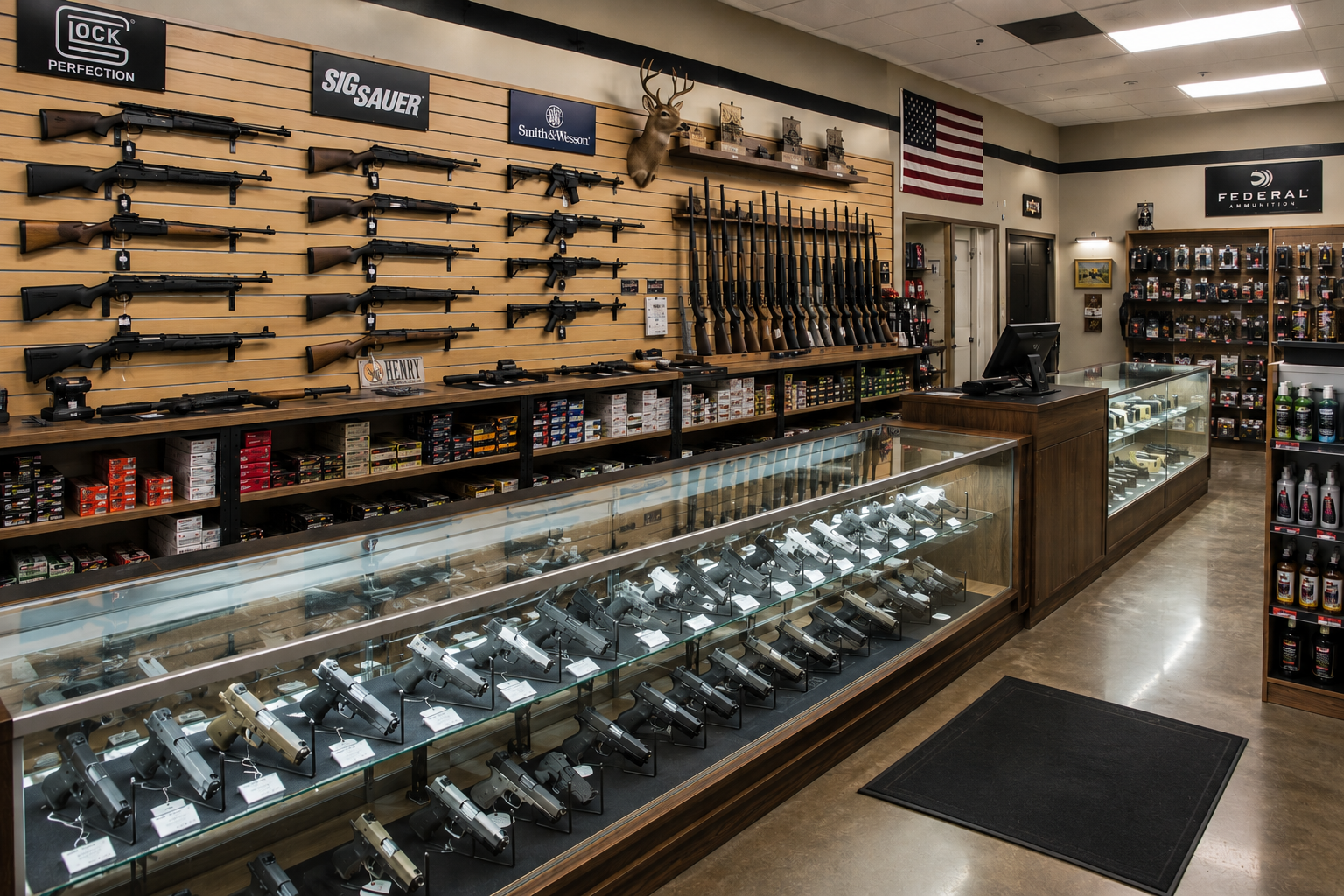 Gun shop interior with firearm displays