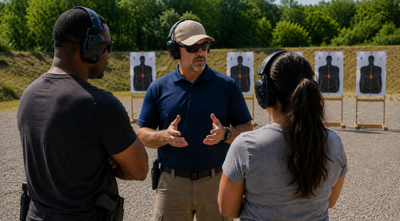 Instructor teaching two students at an outdoor range